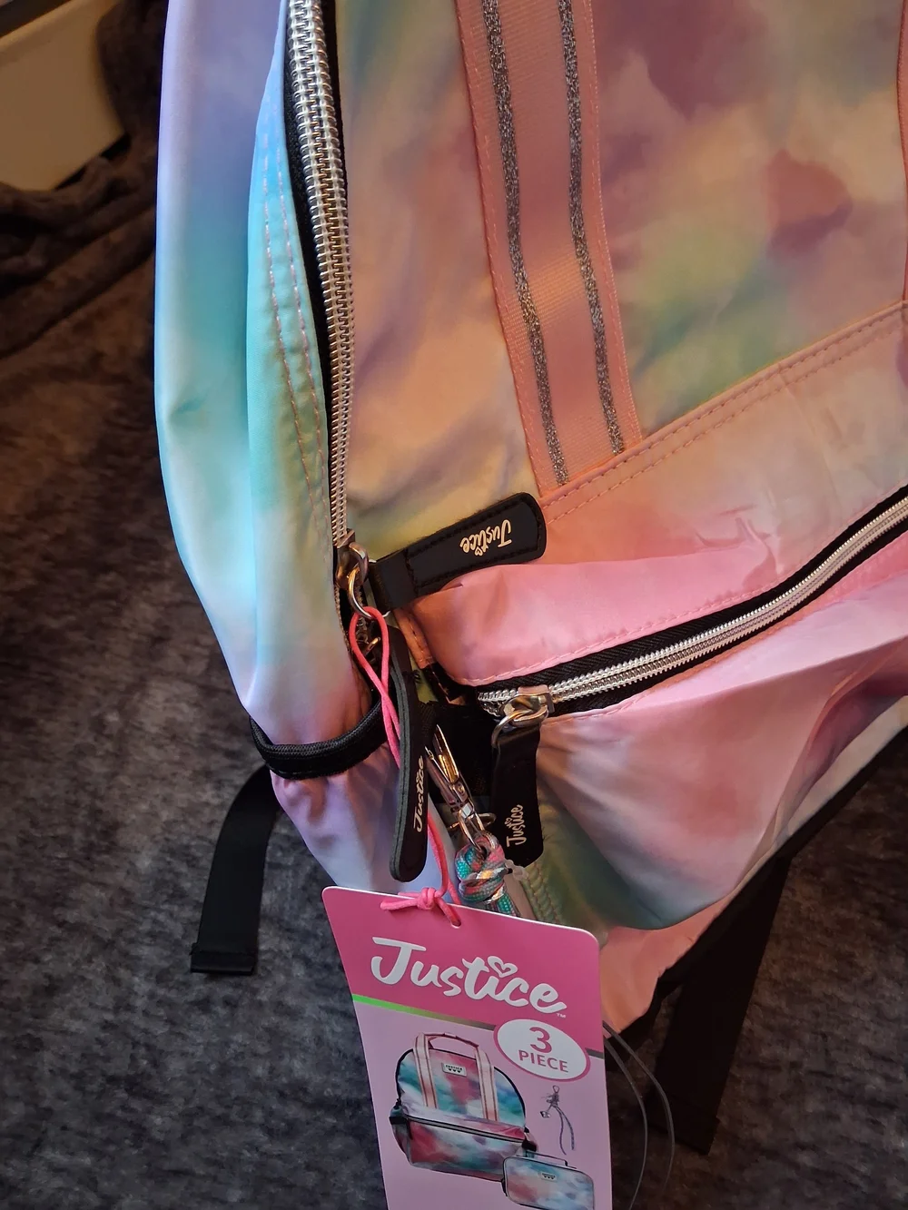 NWT Justice 3pc Set Backpack Lunch Tote Keychain Pink, Blue, Tie Dye